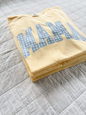 MOM/MAMA/MOTHER/MOM ERA - Blue Gingham Print - Butter Yellow Comfort Colors Tee Little Mama Shirt Shop LLC
