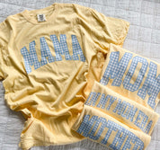 MOM/MAMA/MOTHER/MOM ERA - Blue Gingham Print - Butter Yellow Comfort Colors Tee Little Mama Shirt Shop LLC