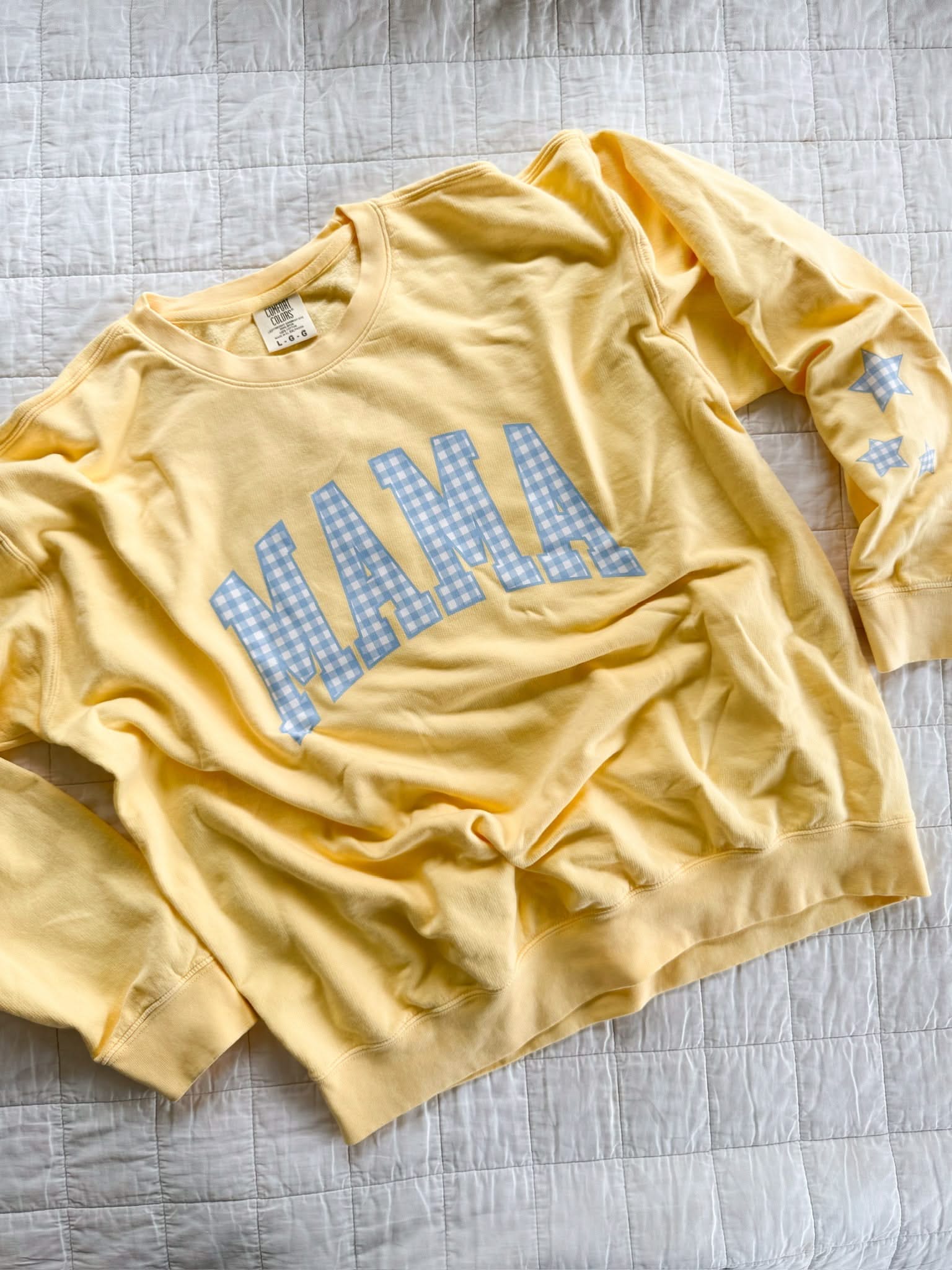 MOM/MAMA/MOTHER/MOM ERA - Blue Gingham Print - Butter Yellow Comfort Colors Crewneck Sweatshirt Little Mama Shirt Shop LLC