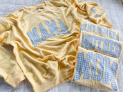MOM/MAMA/MOTHER/MOM ERA - Blue Gingham Print - Butter Yellow Comfort Colors Crewneck Sweatshirt Little Mama Shirt Shop LLC