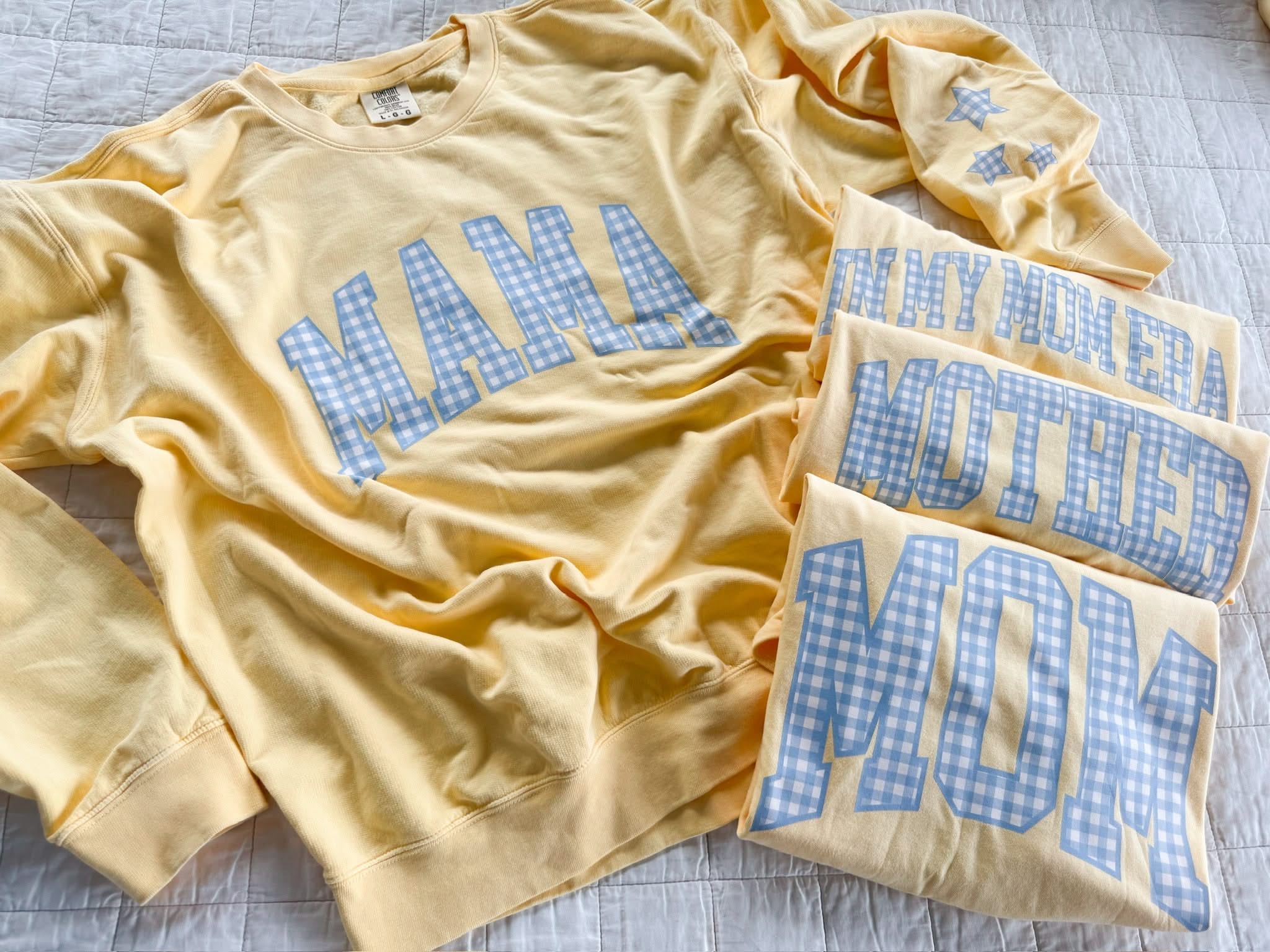 MOM ERA - Blue Gingham Print - Butter Yellow Comfort Colors Crewneck Sweatshirt Little Mama Shirt Shop LLC