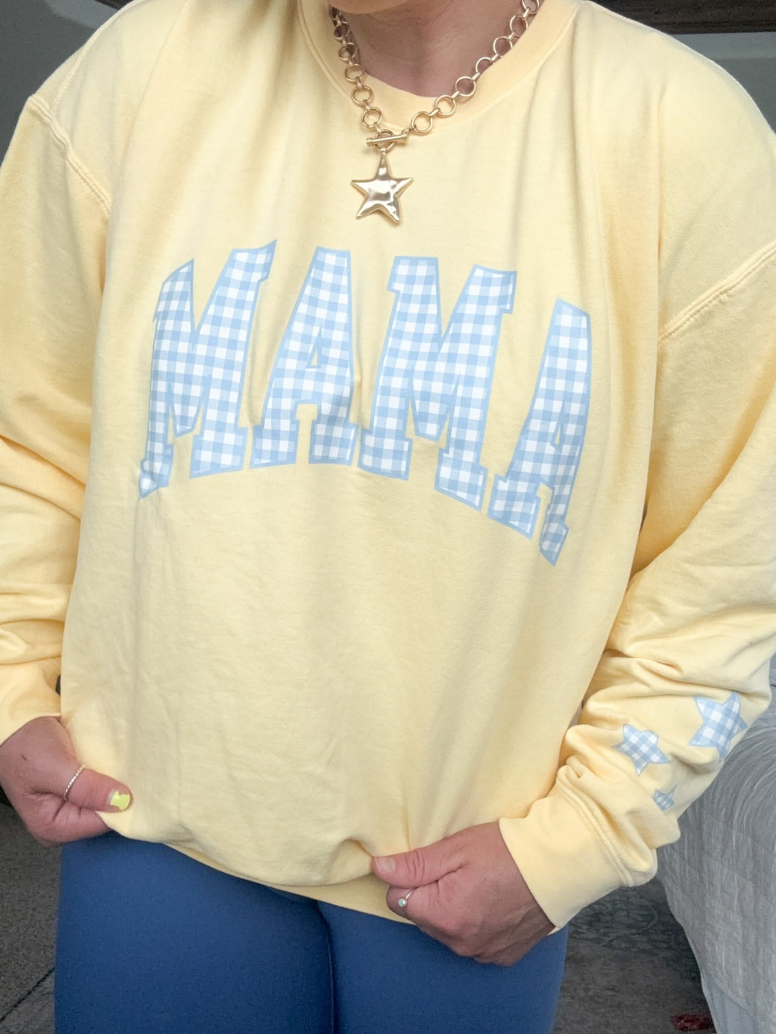 MOM/MAMA/MOTHER/MOM ERA - Blue Gingham Print - Butter Yellow Comfort Colors Crewneck Sweatshirt Little Mama Shirt Shop LLC