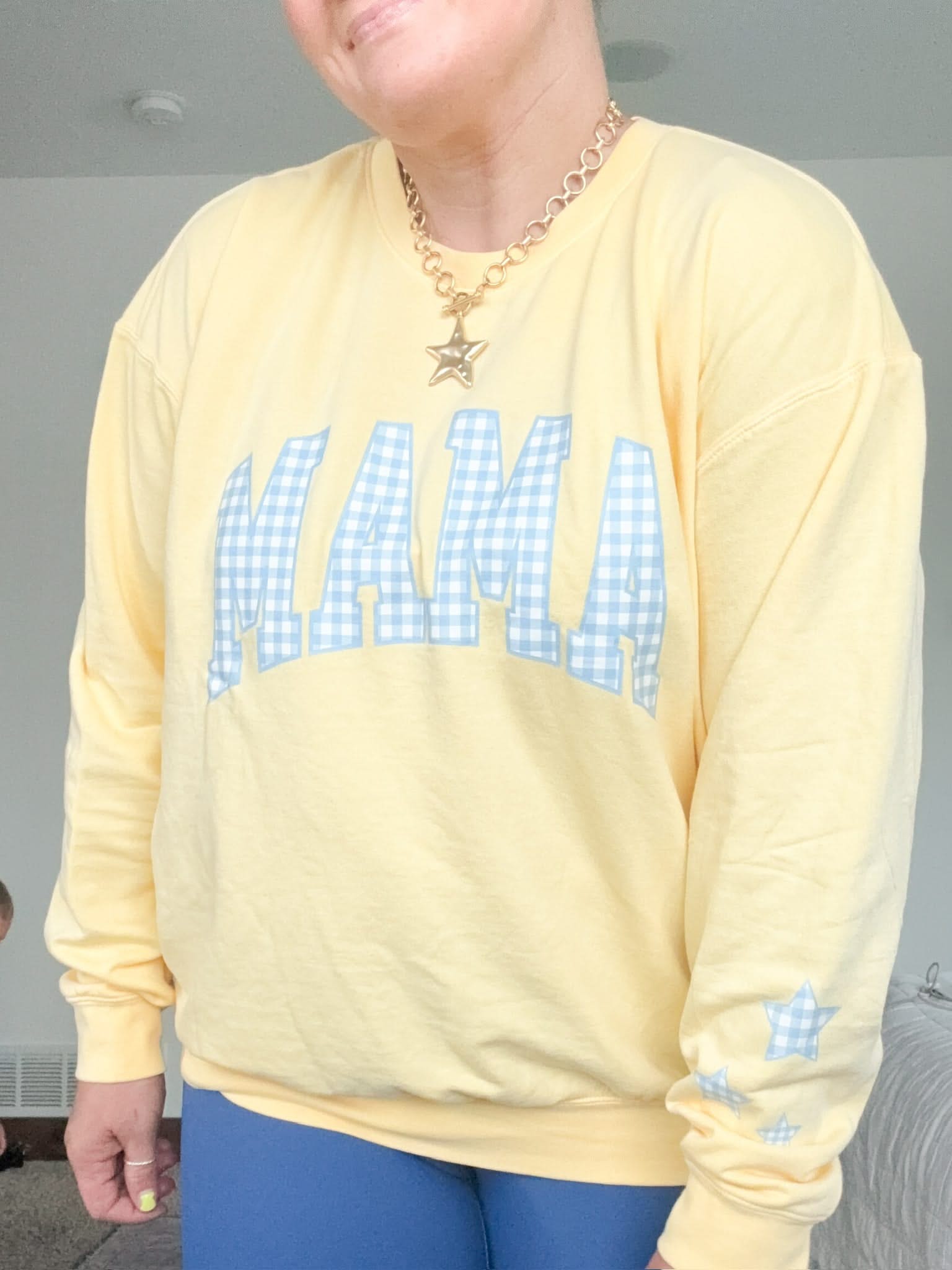 MOM/MAMA/MOTHER/MOM ERA - Blue Gingham Print - Butter Yellow Comfort Colors Crewneck Sweatshirt Little Mama Shirt Shop LLC