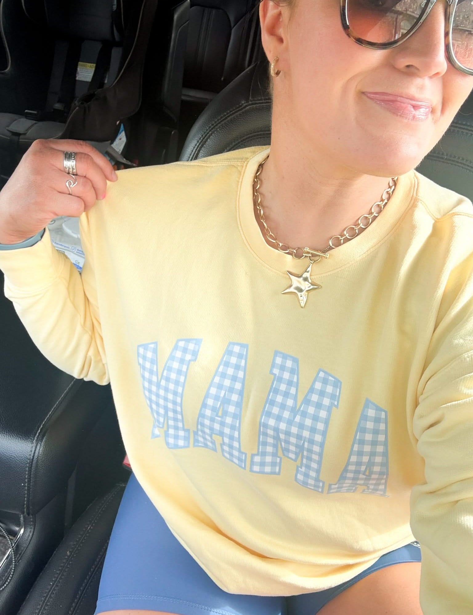 Choose Your Mom Name - Blue Gingham Print - Butter Yellow Comfort Colors Crewneck Sweatshirt Little Mama Shirt Shop LLC