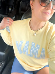 Choose Your Mom Name - Blue Gingham Print - Butter Yellow Comfort Colors Crewneck Sweatshirt Little Mama Shirt Shop LLC