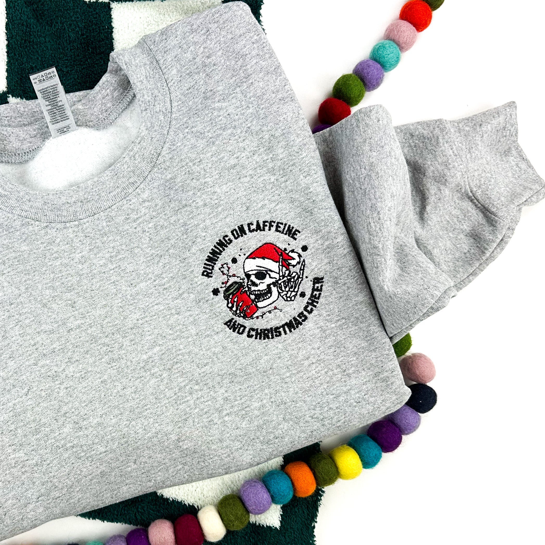 Embroidered BASIC Fleece - Running On Caffeine And Christmas Cheer - Holiday Skelly Little Mama Shirt Shop LLC