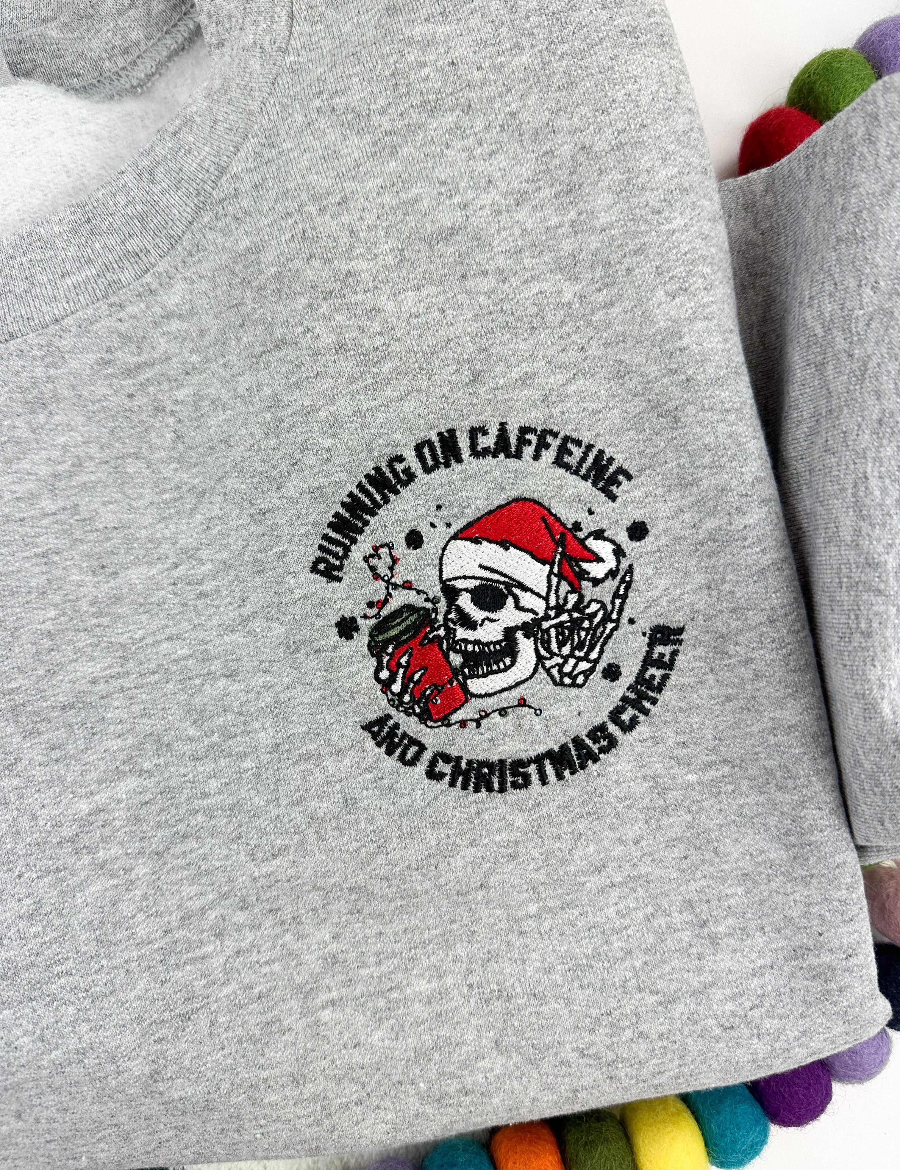 Embroidered BASIC Fleece - Running On Caffeine And Christmas Cheer - Holiday Skelly Little Mama Shirt Shop LLC