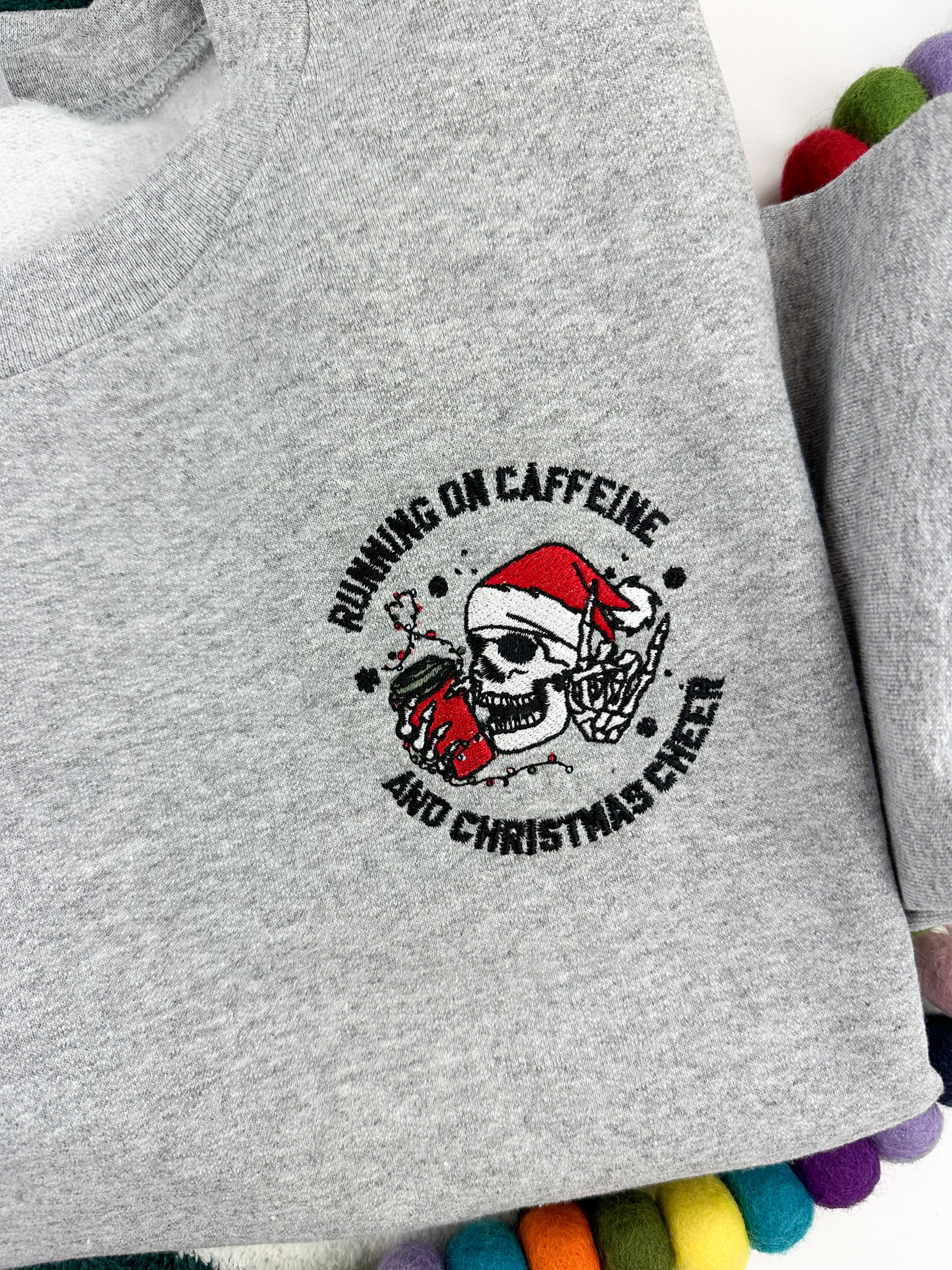 Embroidered BASIC Fleece - Running On Caffeine And Christmas Cheer - Holiday Skelly Little Mama Shirt Shop LLC