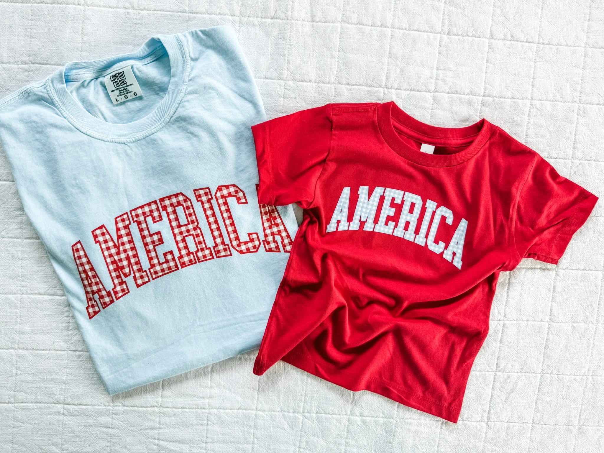 AMERICA Gingham Tee - Mommy and Me Coordinating Tee Set - Red White & Blue Patriotic T-Shirts | Little Mama Shirt Shop Little Mama Shirt Shop LLC