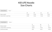 Size chart for kids hoodie with measurements in inches (2T–Youth Large)