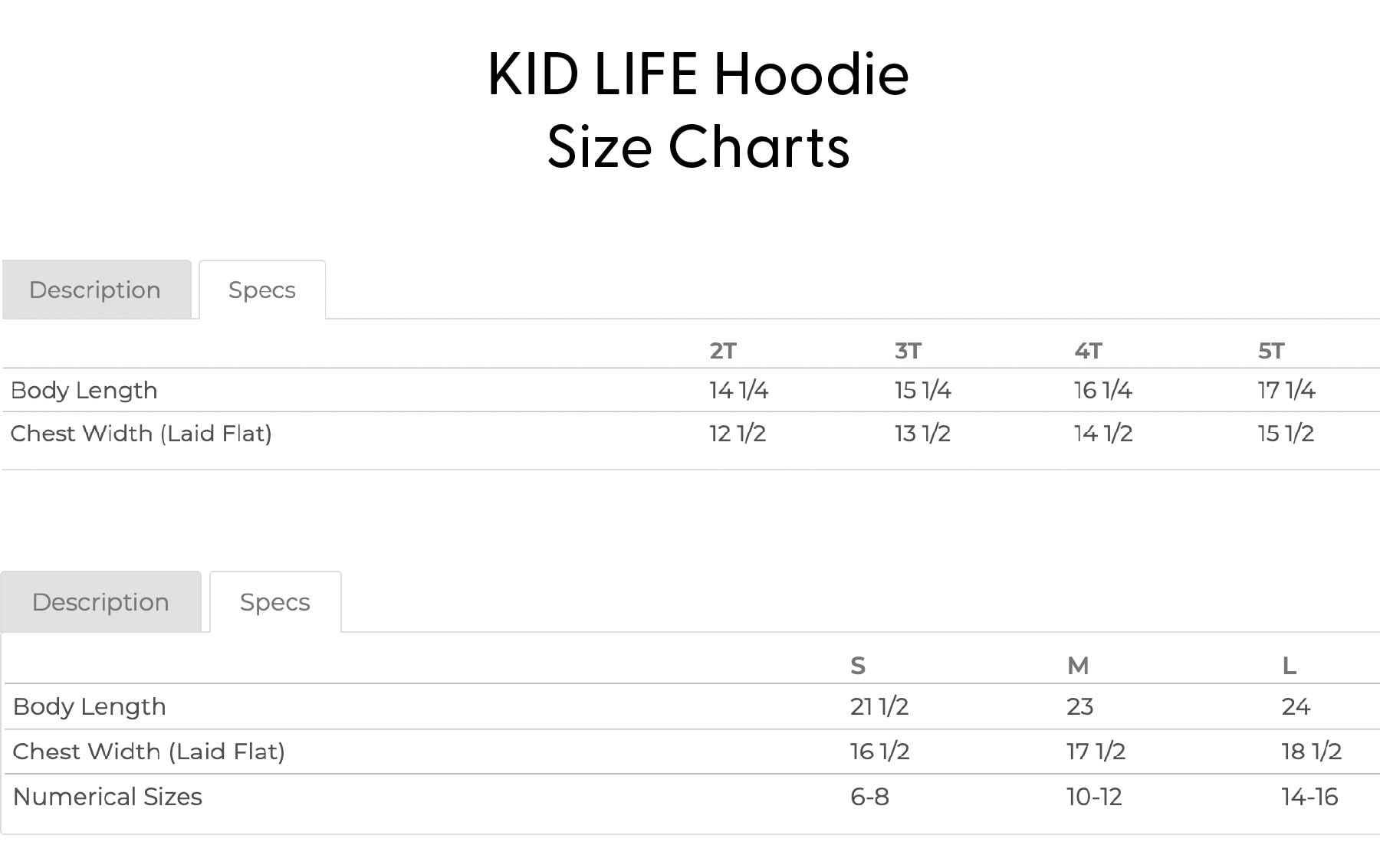 Size chart for kids hoodie with measurements in inches (2T–Youth Large)