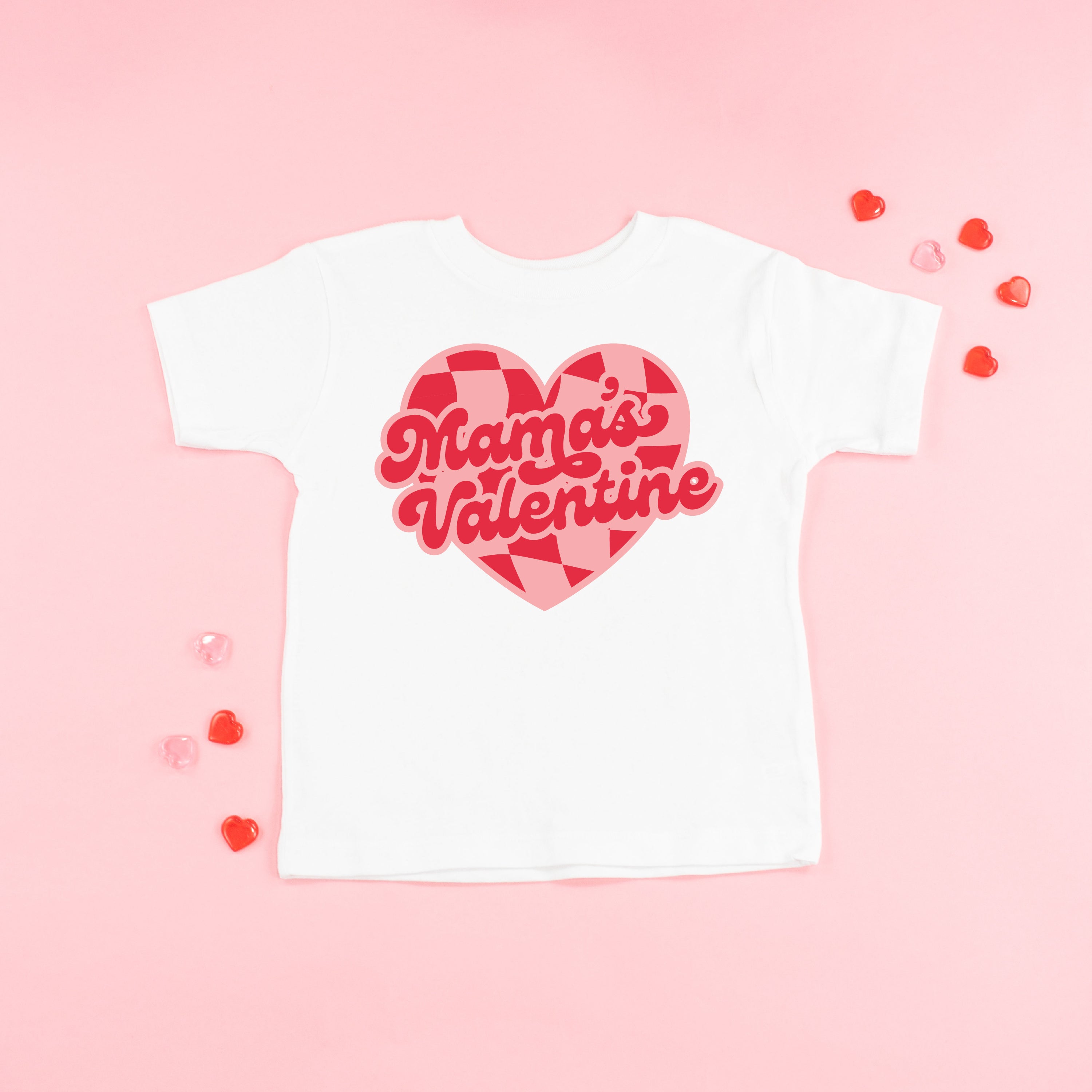 Mama's Valentine - Pink & Red Checker Heart - Child Tee Little Mama Shirt Shop