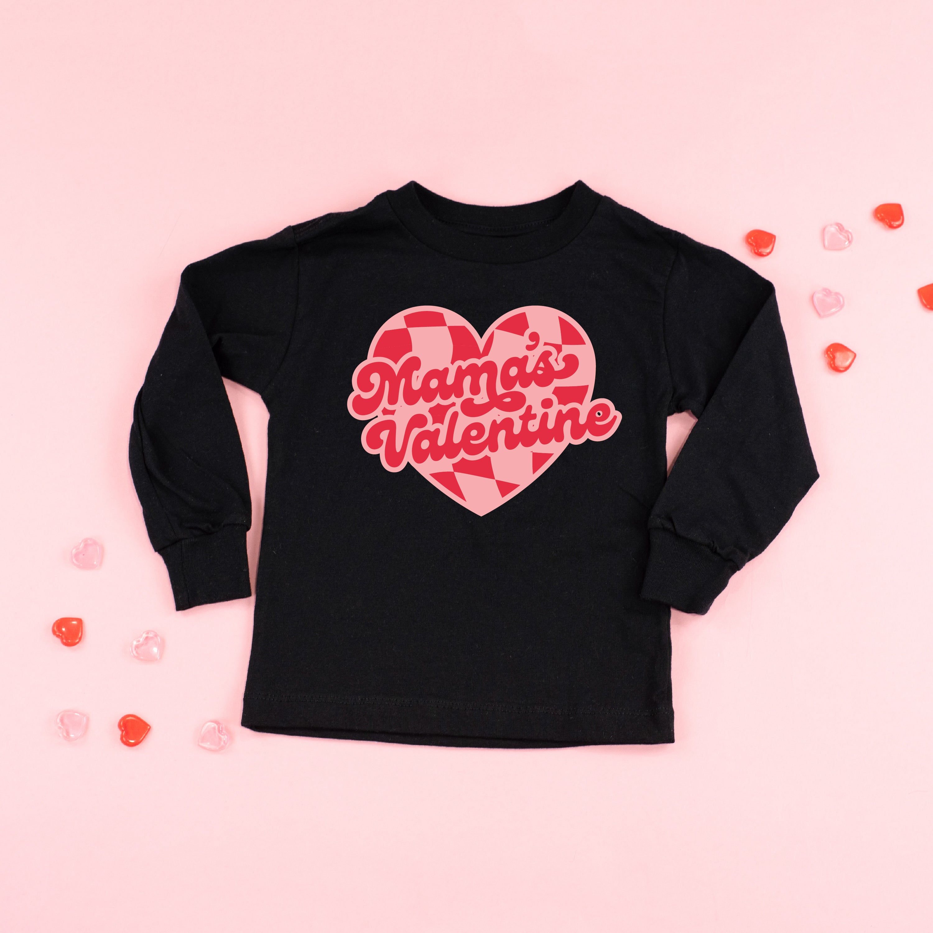 Mama's Valentine - Pink & Red Checker Heart - Child Long Sleeve Tee Little Mama Shirt Shop