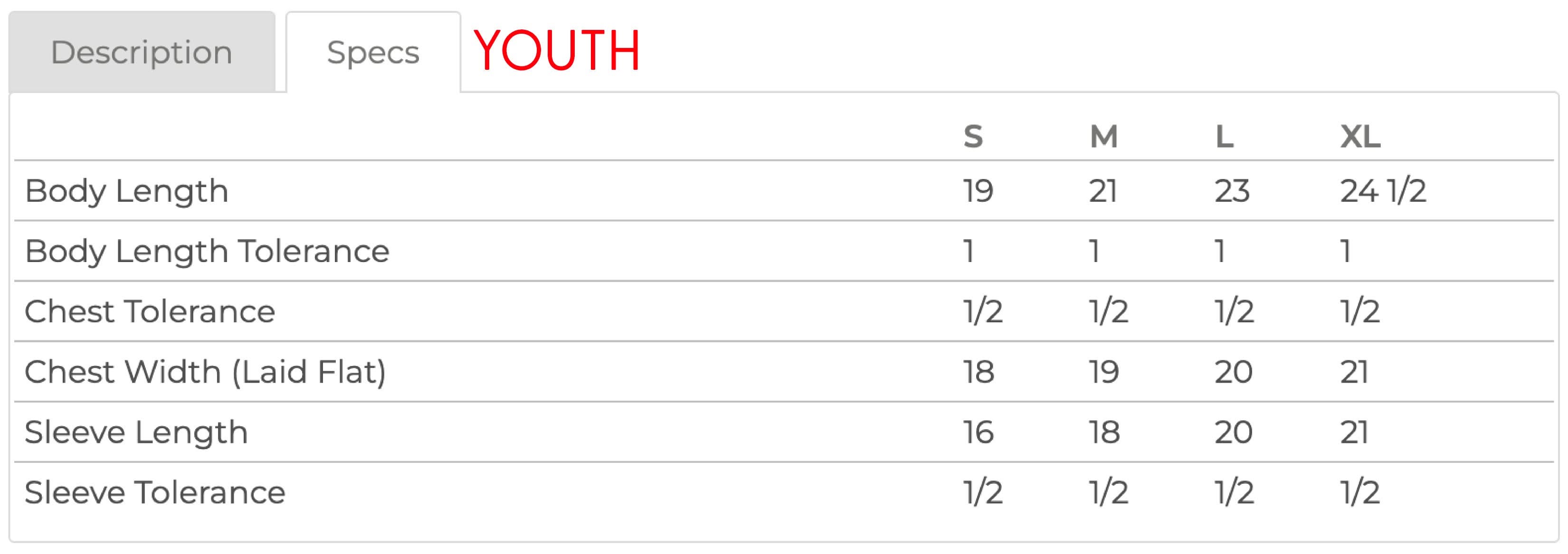 Youth sweater with sizes S to XL with measurements in inches - Little Mama Shirt Shop