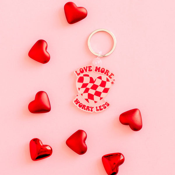 VALENTINE KEYCHAIN - Love More Worry Less Checkered Heart