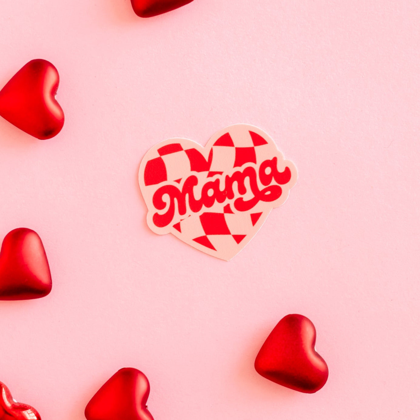 LMSS® VALENTINE STICKER - Mama Pink And Red Checker Heart Little Mama Shirt Shop LLC