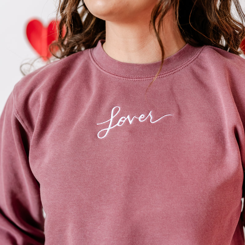 Embroidered Pigment Crewneck Sweatshirt - LOVER embroidered front with screen printed design on back
