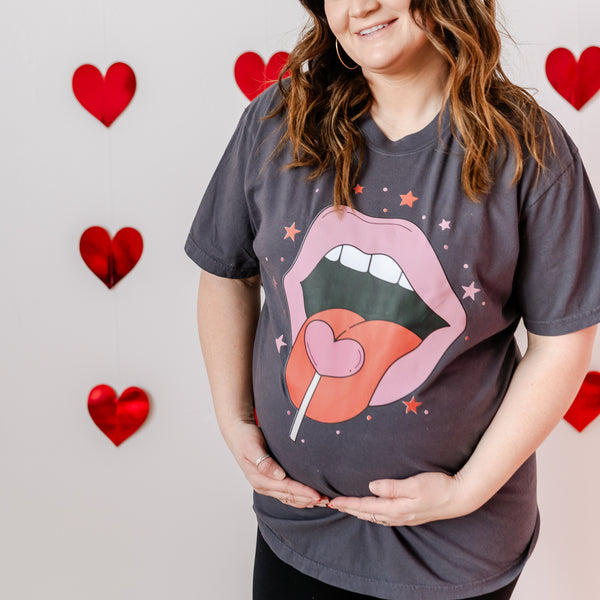 Valentine's Day Lips With Heart Lollipop - Comfort Colors Tee