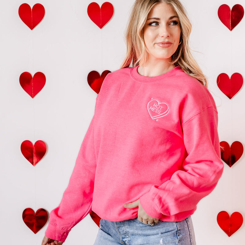 Embroidered BASIC Fleece - Hot Mess - Conversation Hearts