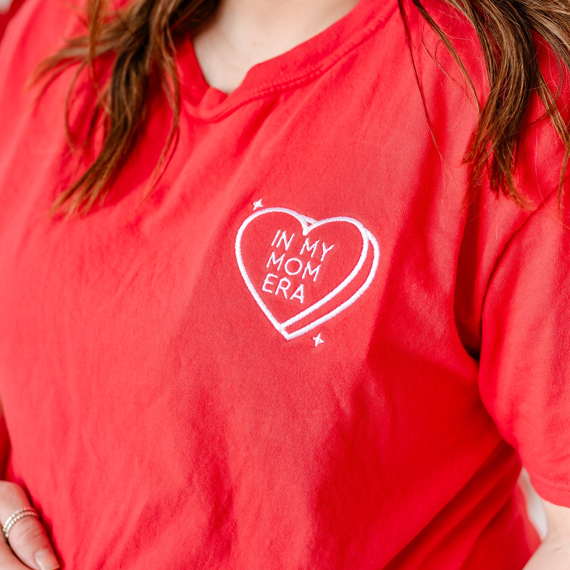Embroidered Comfort Colors Tee - In My Mom Era - Conversation Hearts Little Mama Shirt Shop LLC