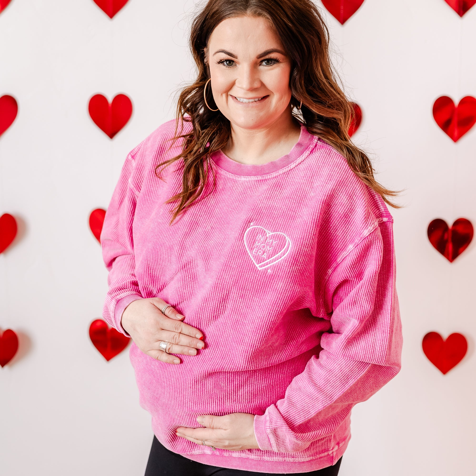 Embroidered Hot Pink Corded Sweatshirt - In My Mom Era - Conversation Hearts Little Mama Shirt Shop LLC