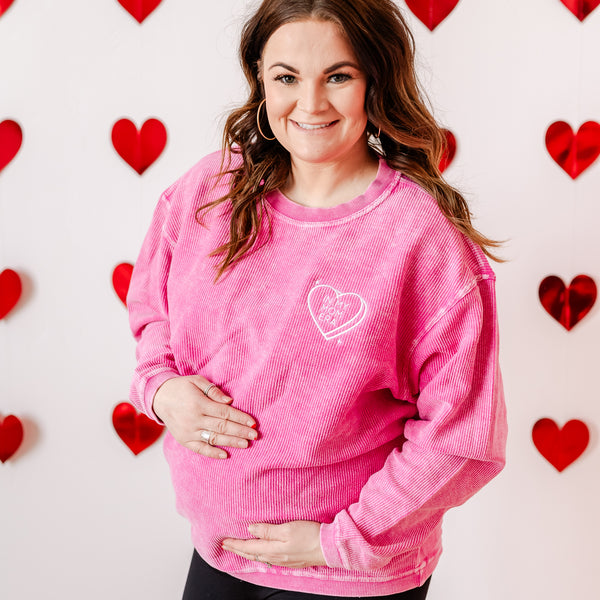 Embroidered Hot Pink Corded Sweatshirt - In My Mom Era - Conversation Hearts