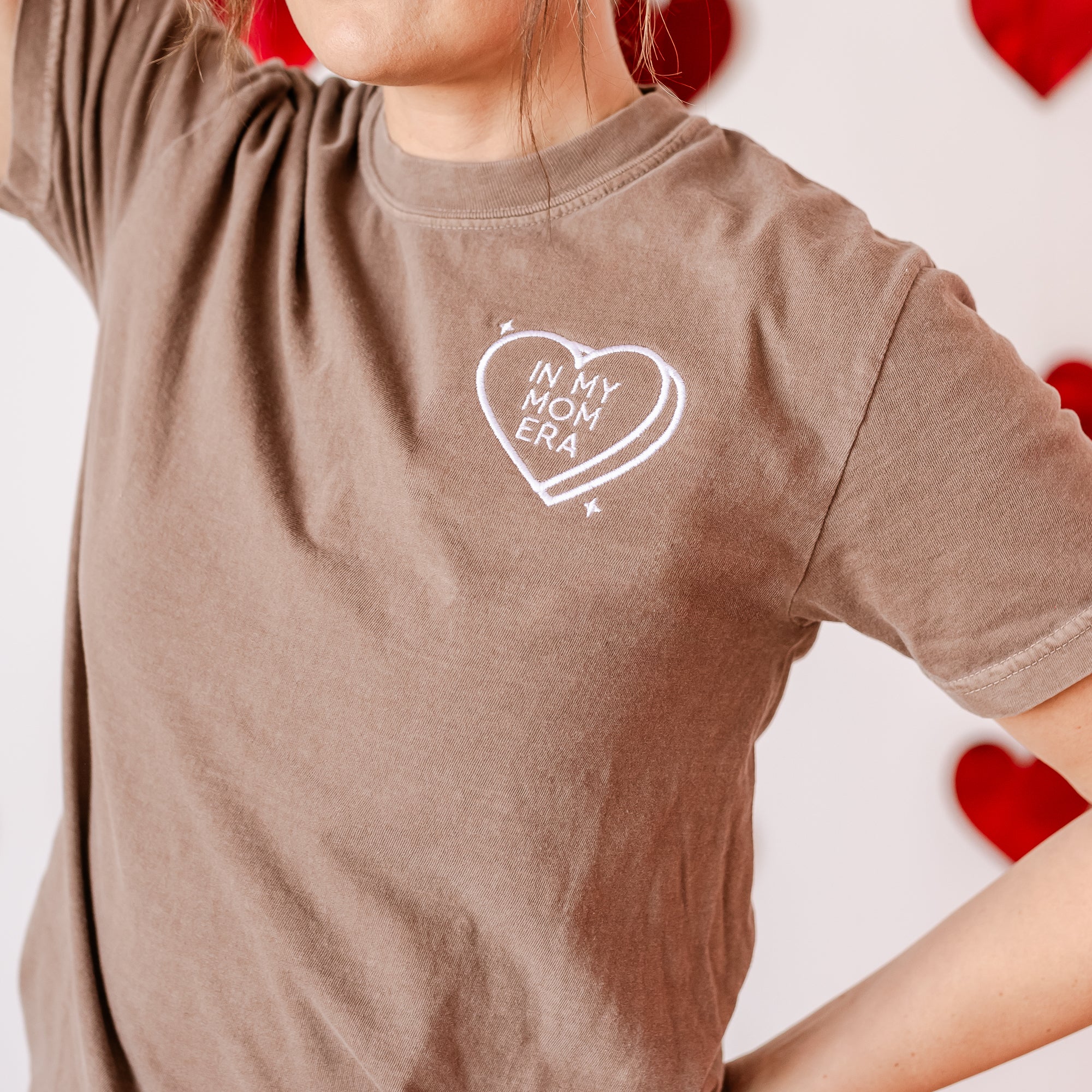 Embroidered Comfort Colors Tee - In My Mom Era - Conversation Hearts Little Mama Shirt Shop LLC