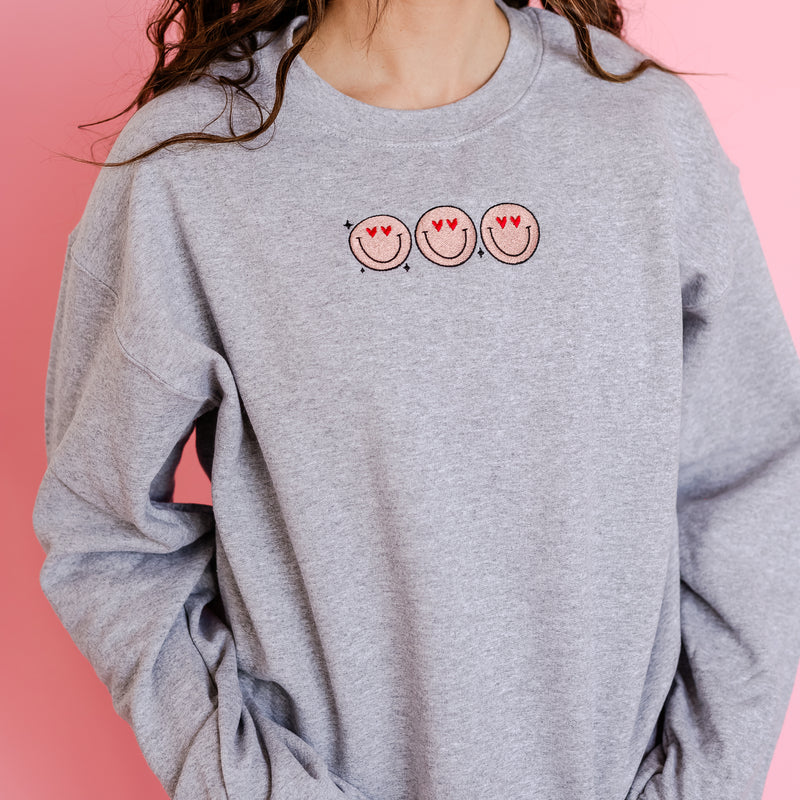 Embroidered BASIC Fleece - 3 Across Heart Eye Valentine Smileys