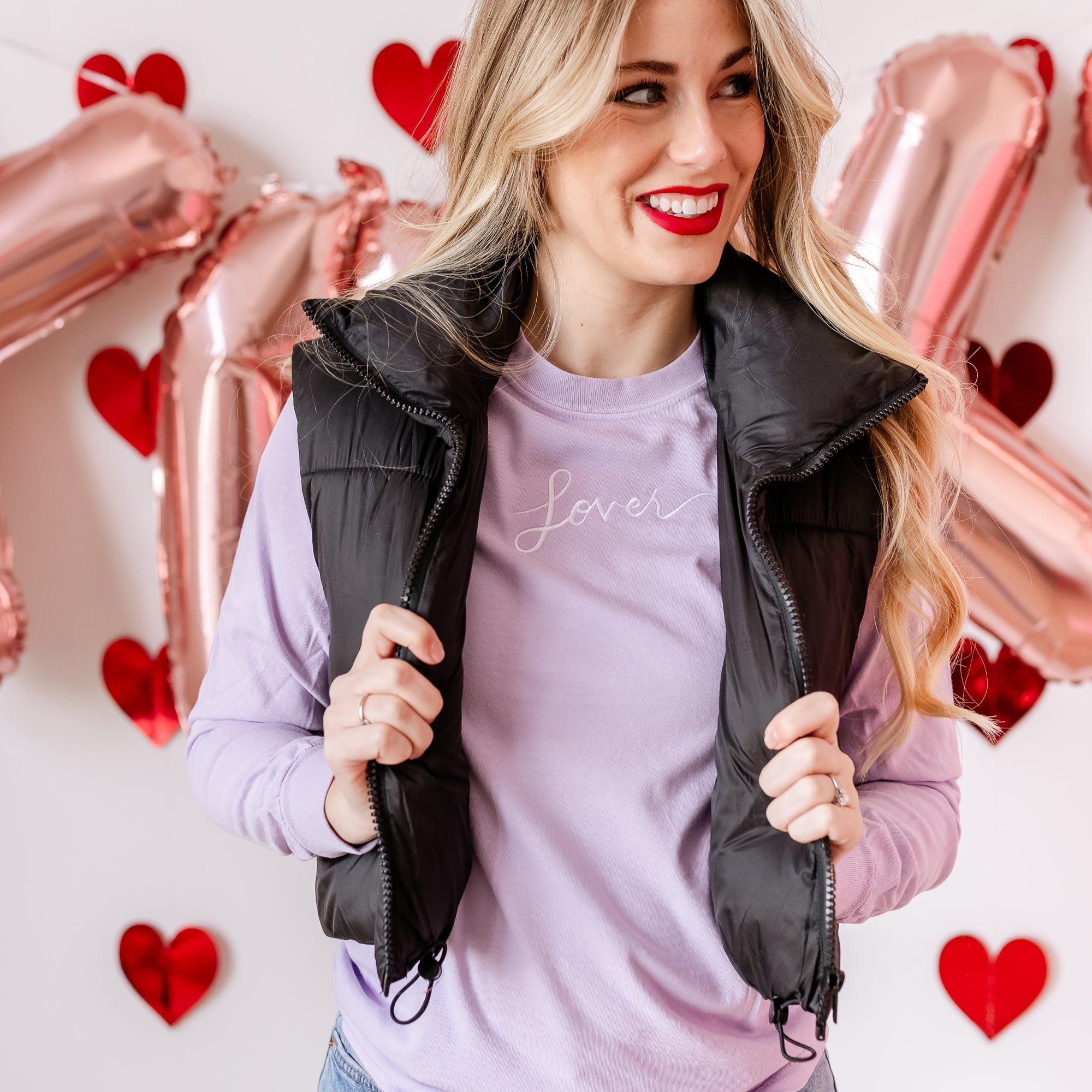 Embroidered LONG SLEEVE Comfort Colors Tee -  LOVER Embroidered Front With Screen Printed Design On Back Little Mama Shirt Shop LLC