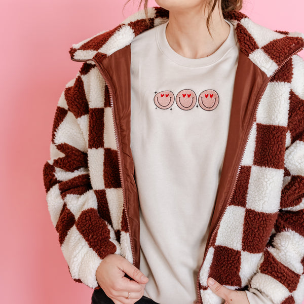 Embroidered SUPER-SOFT Fleece Crewneck - 3 Across Valentine Heart Eye Smileys