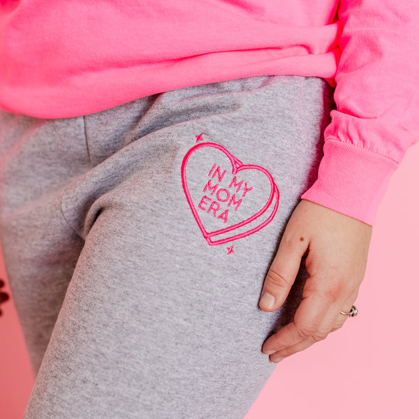 Embroidered BASIC Joggers -  In My Mom Era (Hot Pink Thread) - Conversation Heart