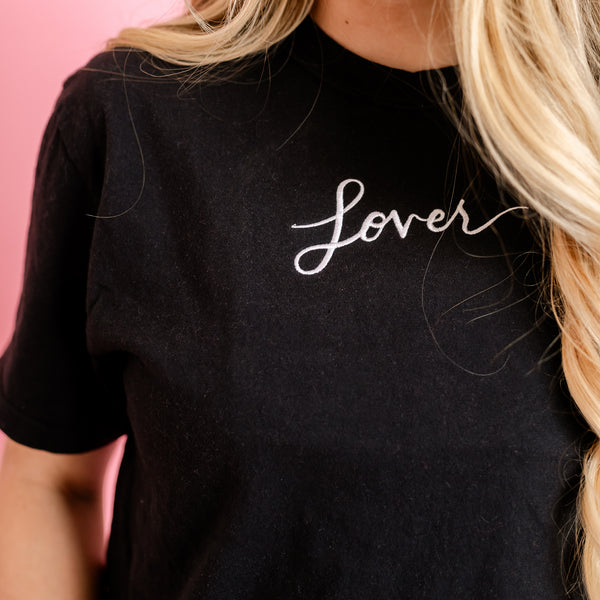 Embroidered Comfort Colors Tee -  LOVER Embroidered Font With Screen Printed Design On Back