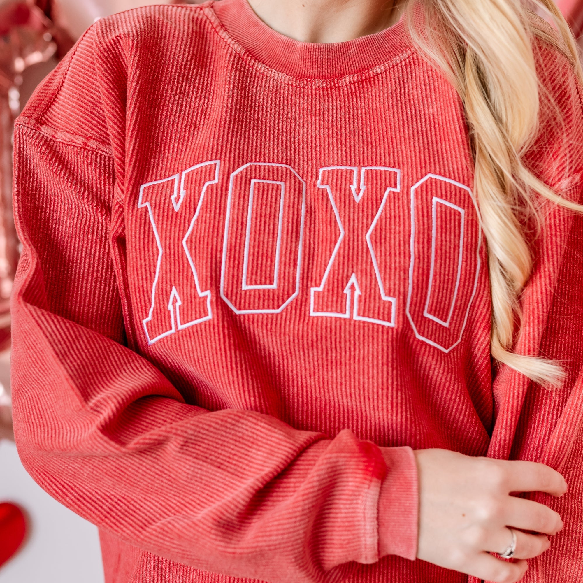 Embroidered Corded Sweatshirt - XOXO - Outline Little Mama Shirt Shop LLC