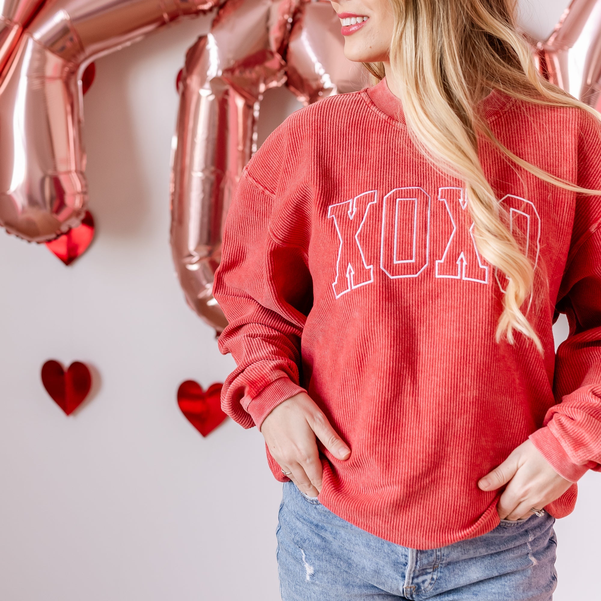 Embroidered Corded Sweatshirt - XOXO - Outline Little Mama Shirt Shop LLC