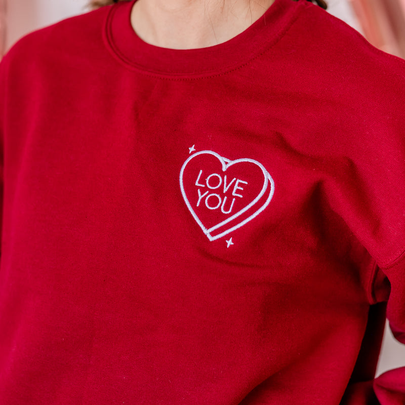 Embroidered Basic Fleece Crewneck - LOVE YOU - Conversation Hearts