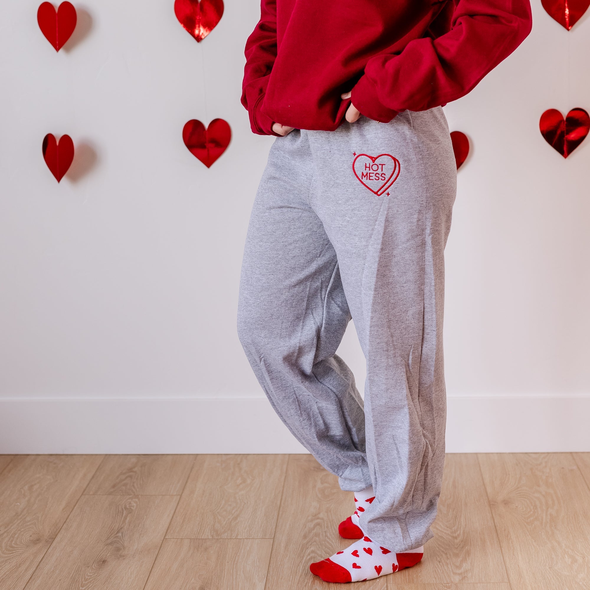 Embroidered BASIC Joggers (Red Thread) - Conversation Hearts (Choose Your Fave) Little Mama Shirt Shop LLC