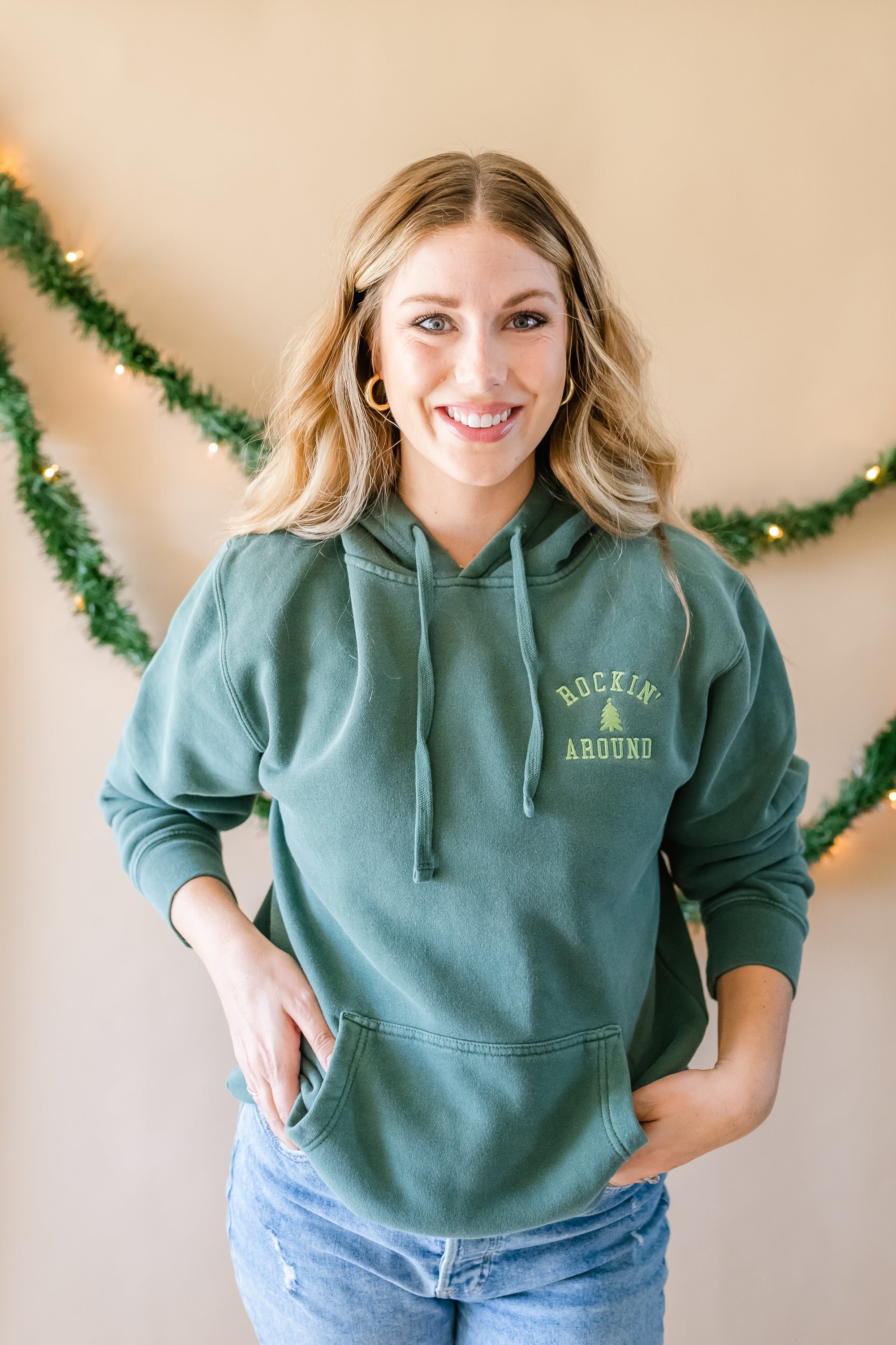 Embroidered Alpine Green PIGMENT HOODIE - Rockin' Around (Lime Green Thread) Little Mama Shirt Shop LLC