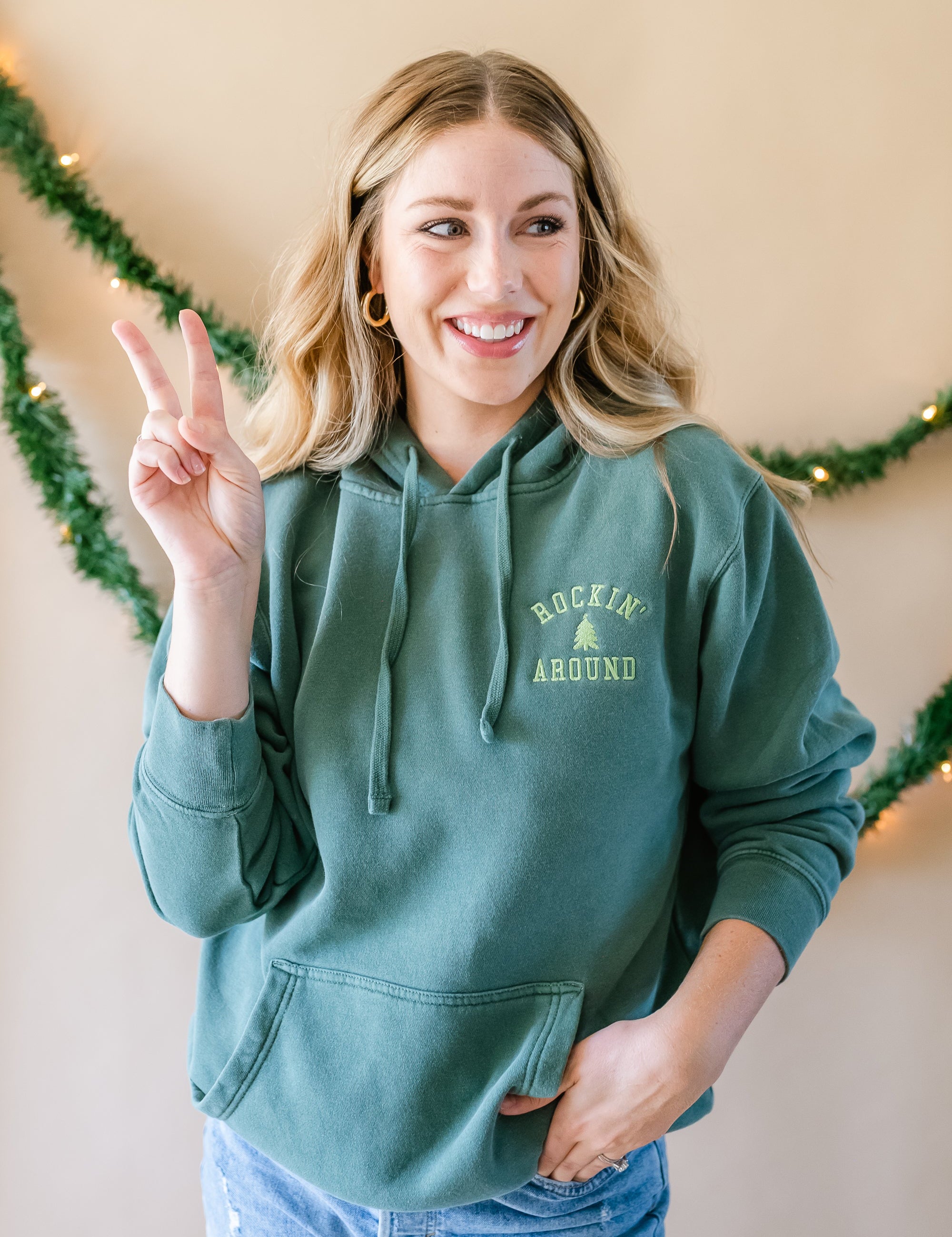 Embroidered Alpine Green PIGMENT HOODIE - Rockin' Around (Lime Green Thread) Little Mama Shirt Shop LLC
