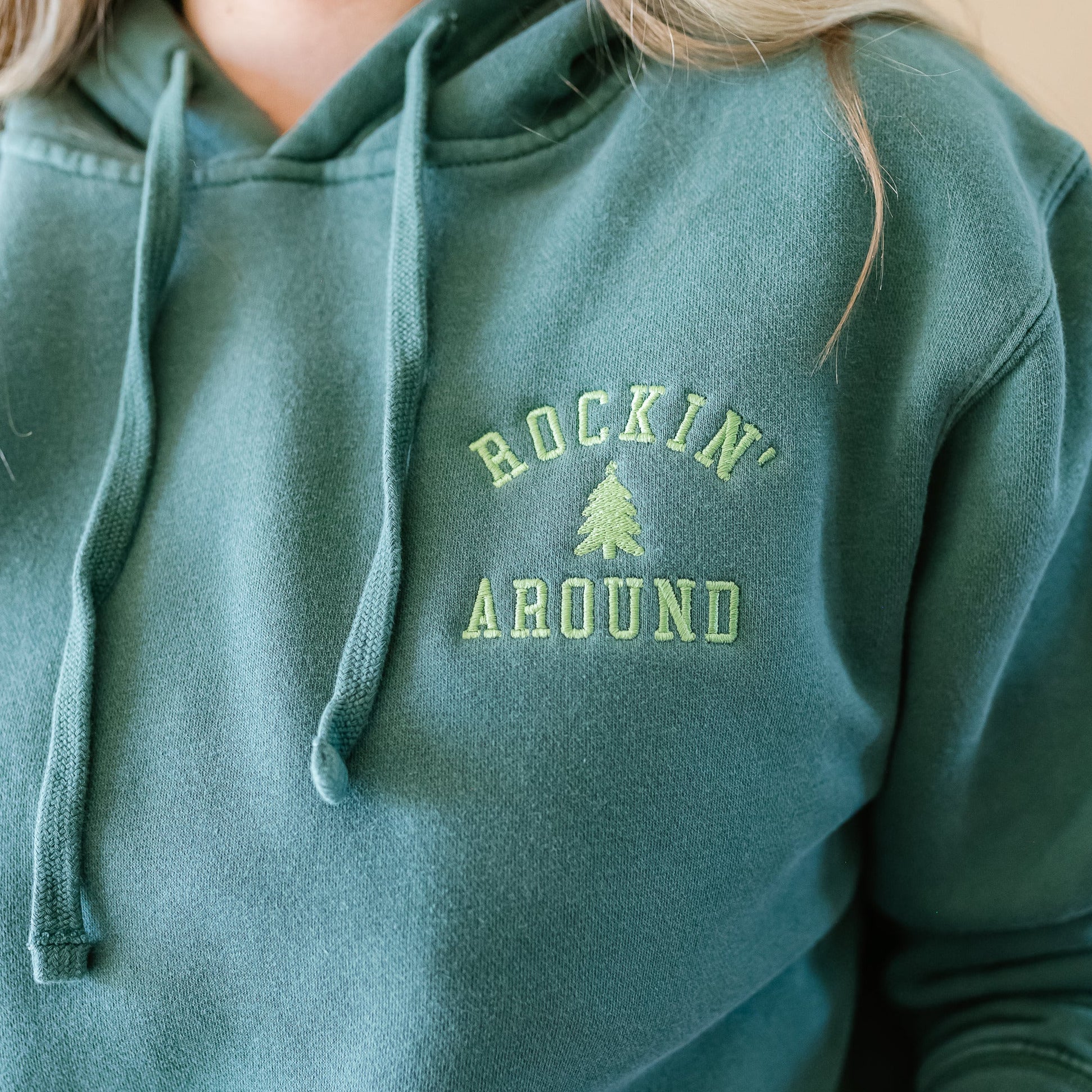 Embroidered Alpine Green PIGMENT HOODIE - Rockin' Around (Lime Green Thread) Little Mama Shirt Shop LLC