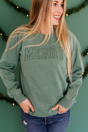 Embroidered PIGMENT Crewneck - Tone on Tone - Merry (Outline) Little Mama Shirt Shop LLC