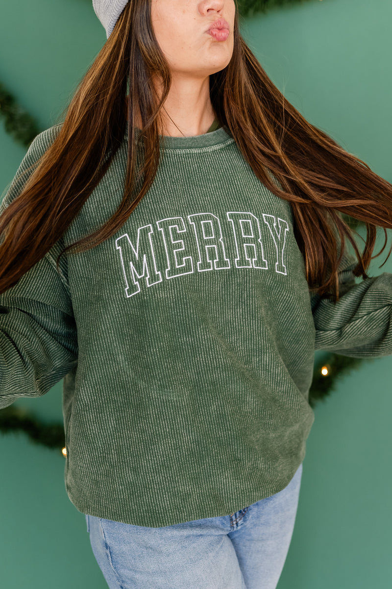 Embroidered Corded Sweatshirt - Forest Green - Merry (Outline)