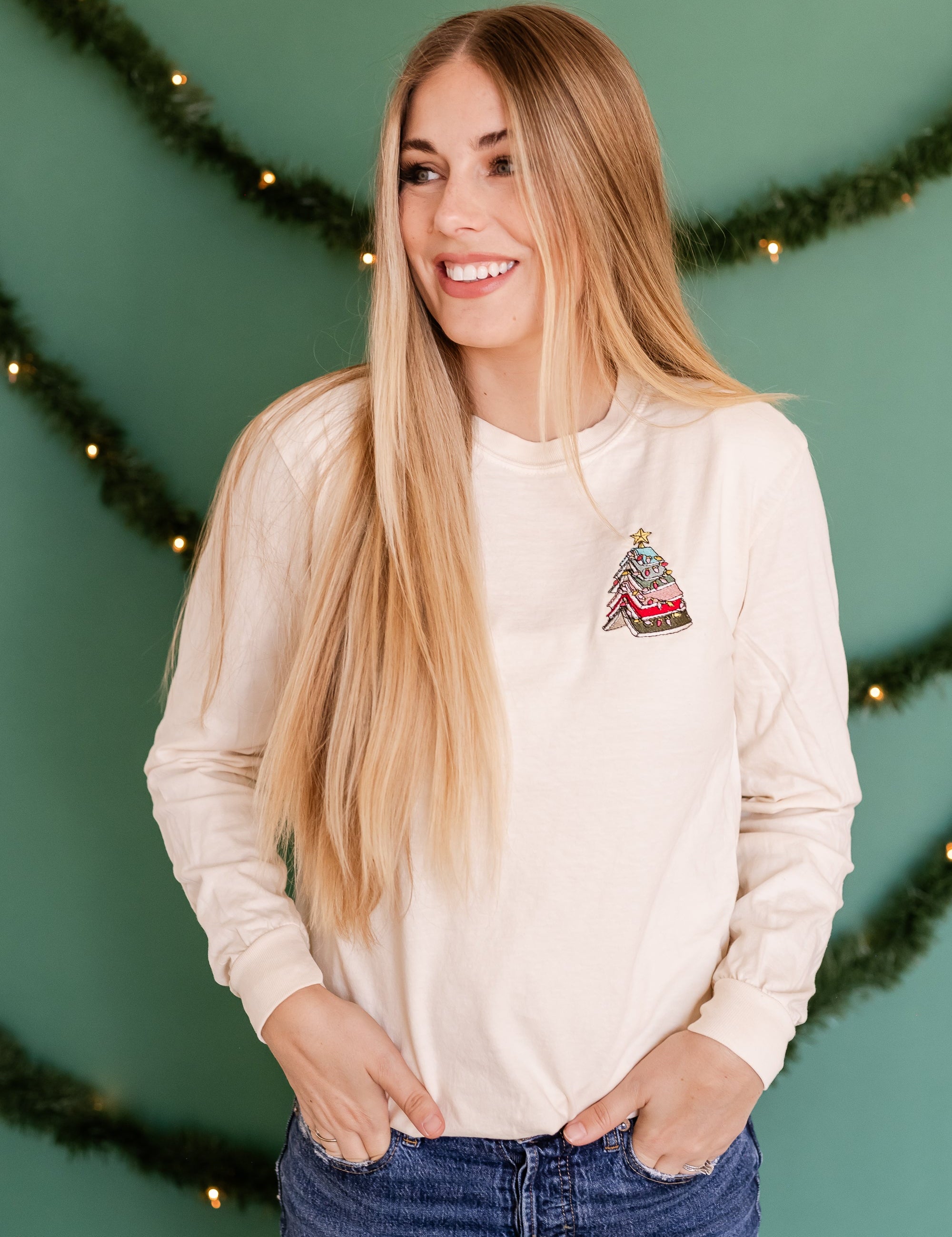 Embroidered LONG SLEEVE Comfort Colors Tee - Booked For Christmas Little Mama Shirt Shop LLC