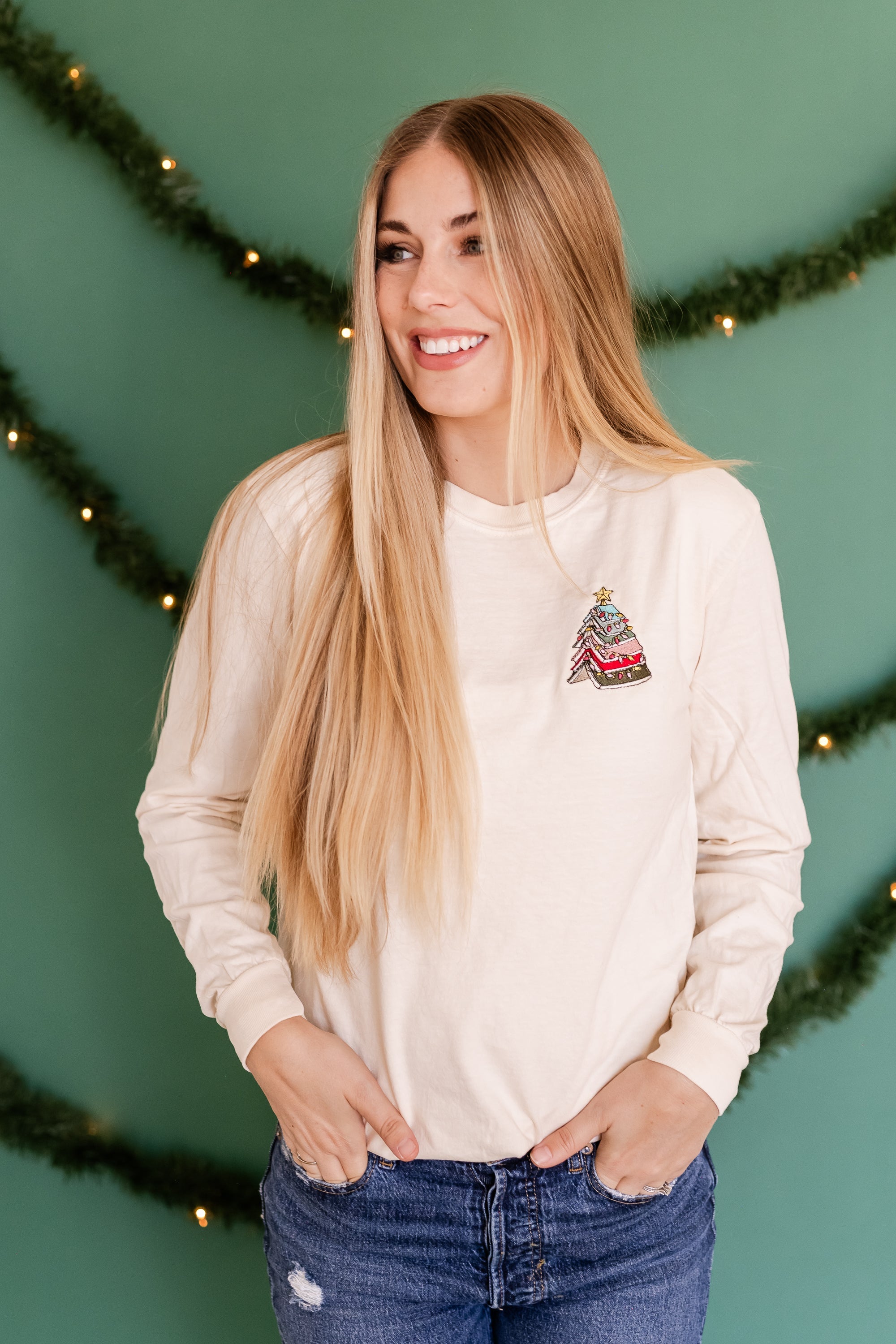 Embroidered LONG SLEEVE Comfort Colors Tee - Booked For Christmas Little Mama Shirt Shop LLC