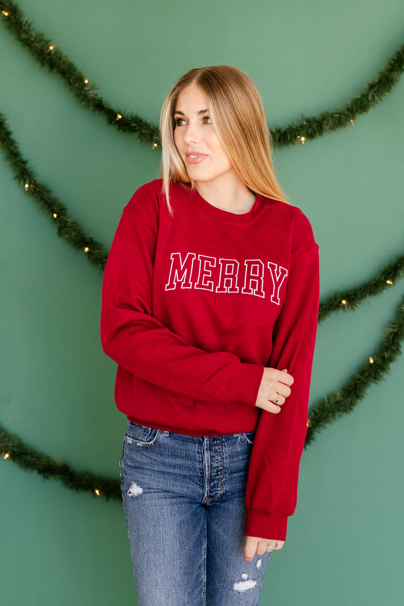 Embroidered BASIC Fleece - Maroon - MERRY (Outline)