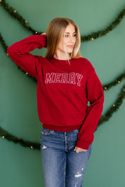 Embroidered BASIC Fleece - Maroon - MERRY (Outline) Little Mama Shirt Shop LLC