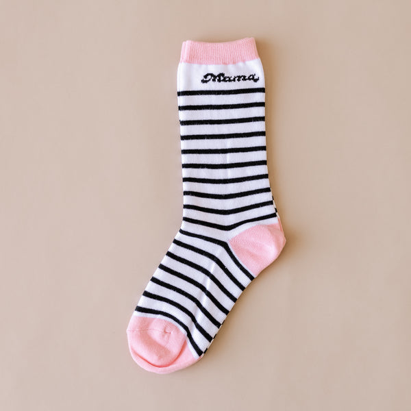LMSS® ADULT CREW SOCKS - Retro Mama - Black and White Stripes - Pink Top