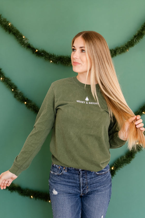 Embroidered LONG SLEEVE Comfort Colors Tee - Merry & Bright