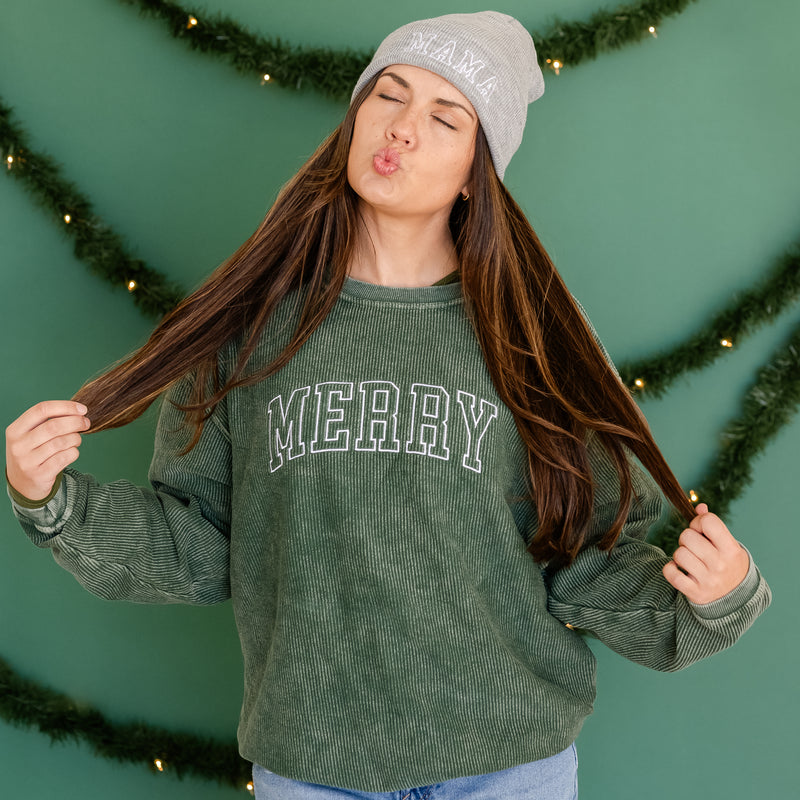 Embroidered Corded Sweatshirt - Forest Green - Merry (Outline)