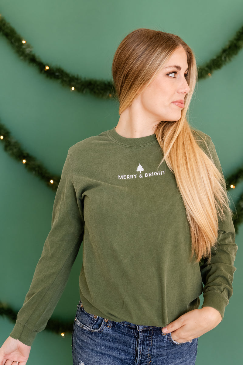 Embroidered LONG SLEEVE Comfort Colors Tee - Merry & Bright