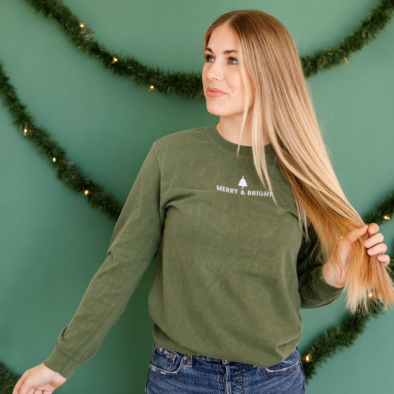 Embroidered LONG SLEEVE Comfort Colors Tee - Merry & Bright